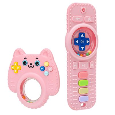 2 Pack Baby Rattles Teething Toy for Babies 3-6 Months, Teething Relief for Infant 6-24 Months, Silicone Teethers TV Remote Boys and Girls Sensory Toy