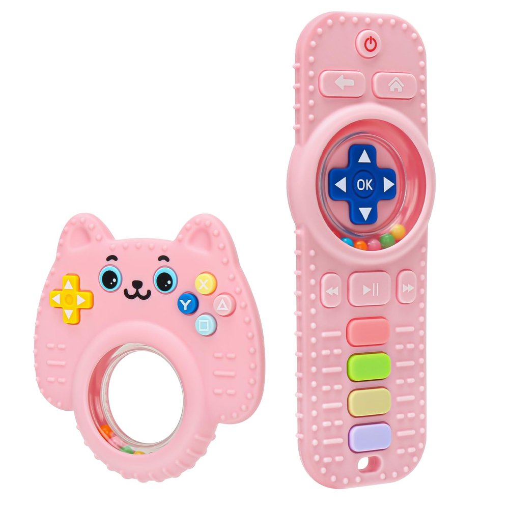 2 Pack Baby Rattles Teething Toy for Babies 3-6 Months, Teething Relief for Infant 6-24 Months, Silicone Teethers TV Remote Boys and Girls Sensory Toy
