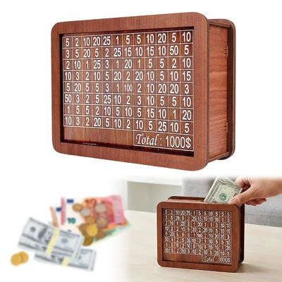 2026 Upgrade Cash Vault Wooden Savings Box, 10000 Savings Challenge Box Wooden Cash Saving Boxs, Money Saving Box Woodens Money Boxs with Money Target and Numbers (1000)