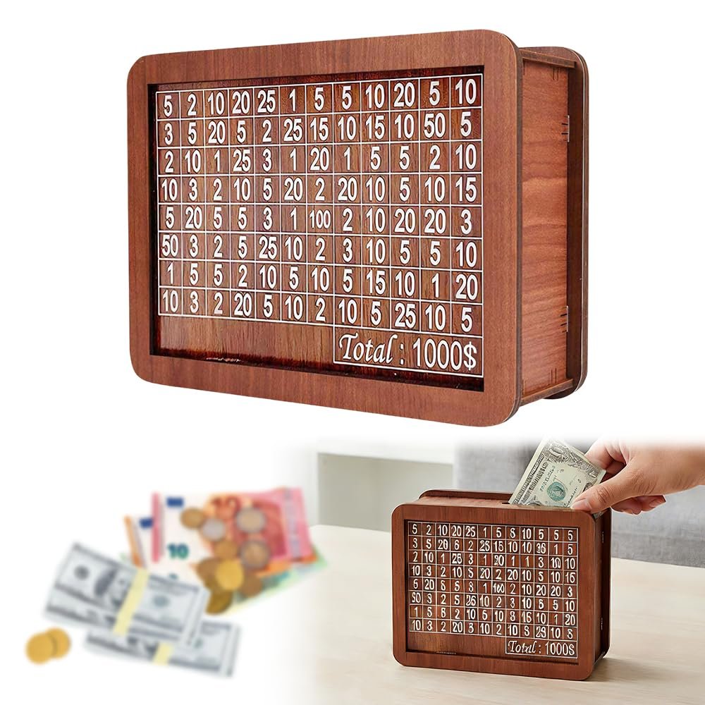 2026 Upgrade Cash Vault Wooden Savings Box, 10000 Savings Challenge Box Wooden Cash Saving Boxs, Money Saving Box Woodens Money Boxs with Money Target and Numbers (1000)
