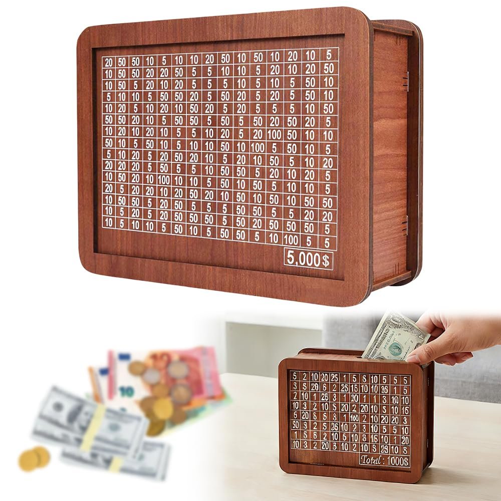 2026 Upgrade Cash Vault Wooden Savings Box, 10000 Savings Challenge Box Wooden Cash Saving Boxs, Money Saving Box Woodens Money Boxs with Money Target and Numbers (5000)