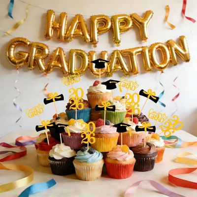 2026 Graduation Cupcake Toppers 36 Pack Graduation Glitter Class of 2026 Graduation Cap Diploma Cupcake Graduation Party Decorations Supplies (Gold)