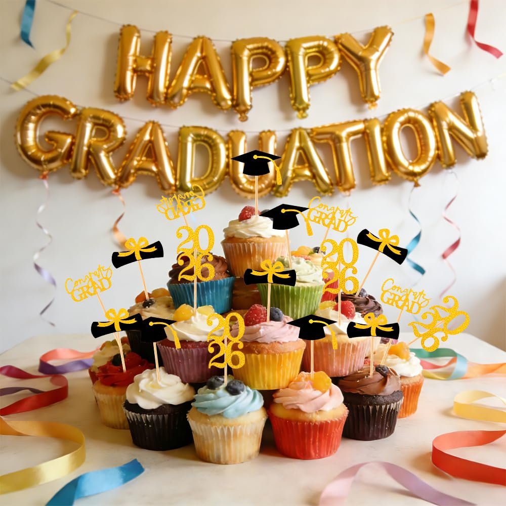 2026 Graduation Cupcake Toppers 36 Pack Graduation Glitter Class of 2026 Graduation Cap Diploma Cupcake Graduation Party Decorations Supplies (Gold)