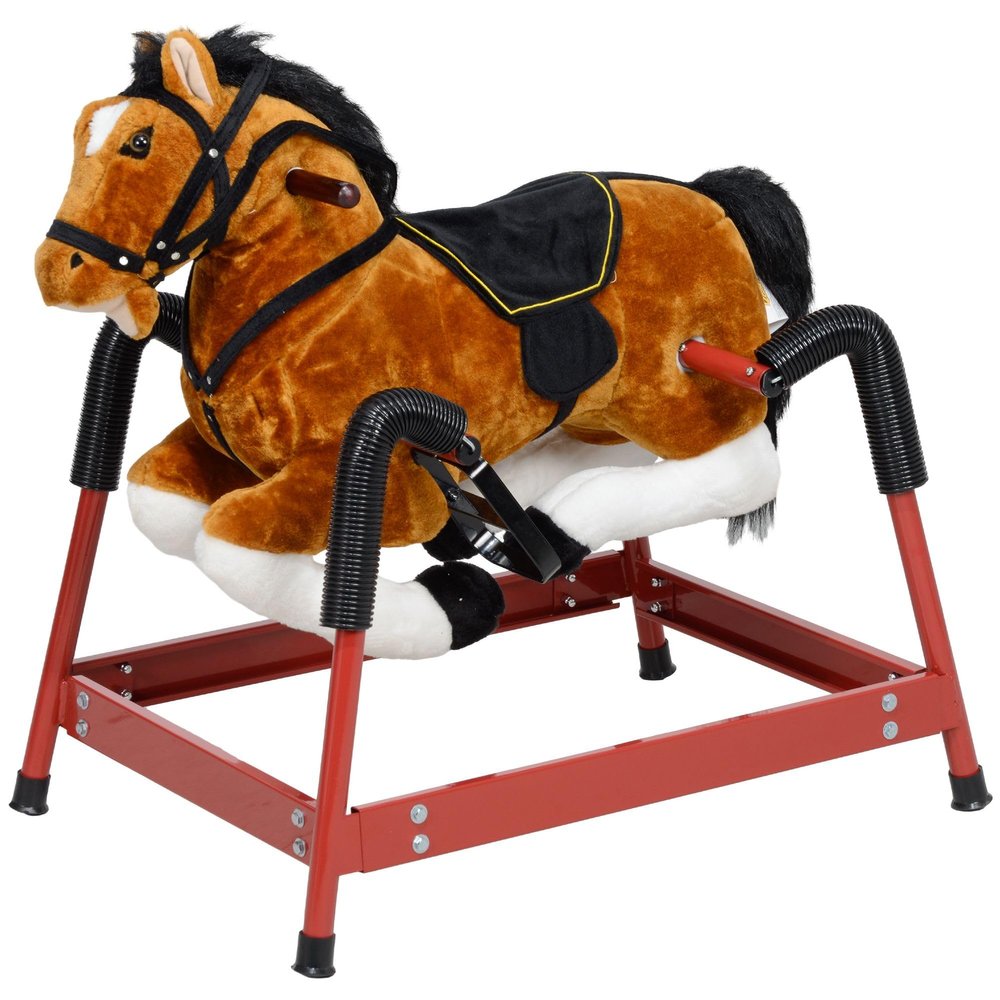Child-Friendly Spring Rocking Horse with 132lb Capacity, Soft Plush Body, Saddle, Reins, and Neighing Sound, Brown Finish