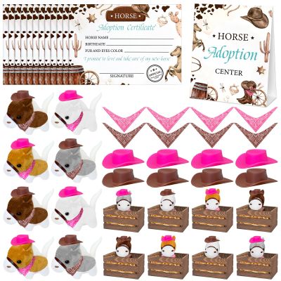 50 Pcs Adopt a Horse Party Favors Include 8 Mini Stuffed Horse 8 Boxes 8 Brown and Pink Hats and Scarves 8 Cards 1 Adopt Sign 8 Mini Haystacks for Adopt a Pony Party Favor Pet Birthday Supplies