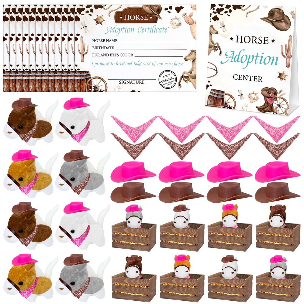 50 Pcs Adopt a Horse Party Favors Include 8 Mini Stuffed Horse 8 Boxes 8 Brown and Pink Hats and Scarves 8 Cards 1 Adopt Sign 8 Mini Haystacks for Adopt a Pony Party Favor Pet Birthday Supplies