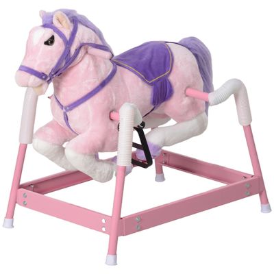 Interactive Spring Rocking Horse 132lb, Plush Ride-On with Neighing Sound, Stirrups, Saddle, Reins, Pink for Kids 3-8 Years