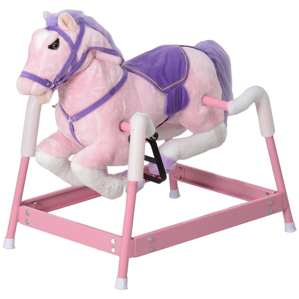 Interactive Spring Rocking Horse 132lb, Plush Ride-On with Neighing Sound, Stirrups, Saddle, Reins, Pink for Kids 3-8 Years