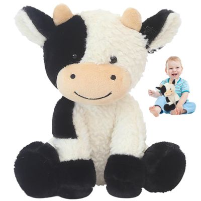 Ameble Cow Plush Black and White Flower Smile Cow Plush Comfort Stuffed Girls Plushies Hugging Pillow for Kids Boys Girls (Sitting -Black and White 22cm), Stuffed, C