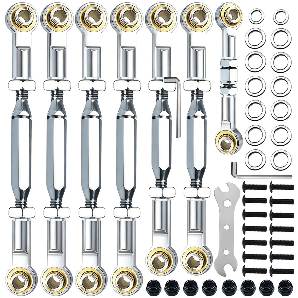 Adjustable 74-112mm Stainless Steel Camber Links/Turnbuckles with Spacers & Wrenchs for 1/10 Traxxas Rustler 4X4 2WD/ Slash 2WD 4X4/ Hoss 4X4/ Stampede 2WD 4X4/Bandit 2WD Upgrades Parts(Silver)