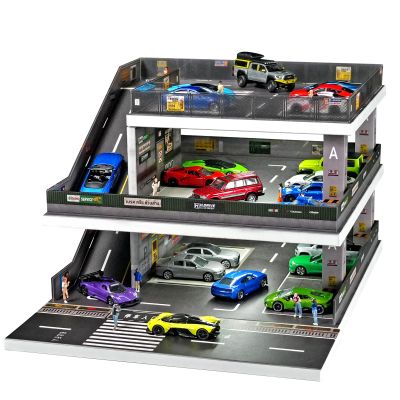 1:64 Scale Diecast Car Display Case with LED Lights - 2-Tier Modular Parking Garage Diorama, Lighted Model Car Storage for Hot Wheels & Matchbox (Dark Green 73449B)