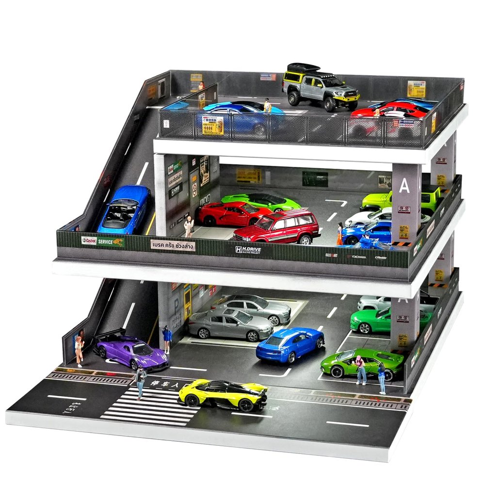 1:64 Scale Diecast Car Display Case with LED Lights - 2-Tier Modular Parking Garage Diorama, Lighted Model Car Storage for Hot Wheels & Matchbox (Dark Green 73449B)