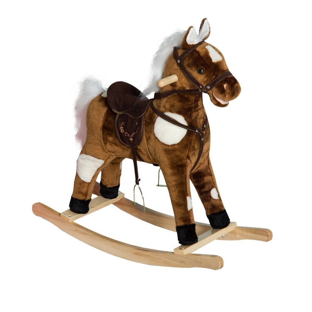 110lb Load Plush Rocking Horse, Press-Ear Music, Metal Frame, 30.75x11x26.75in, Soft Body, Brown, for Children 3 Years Up