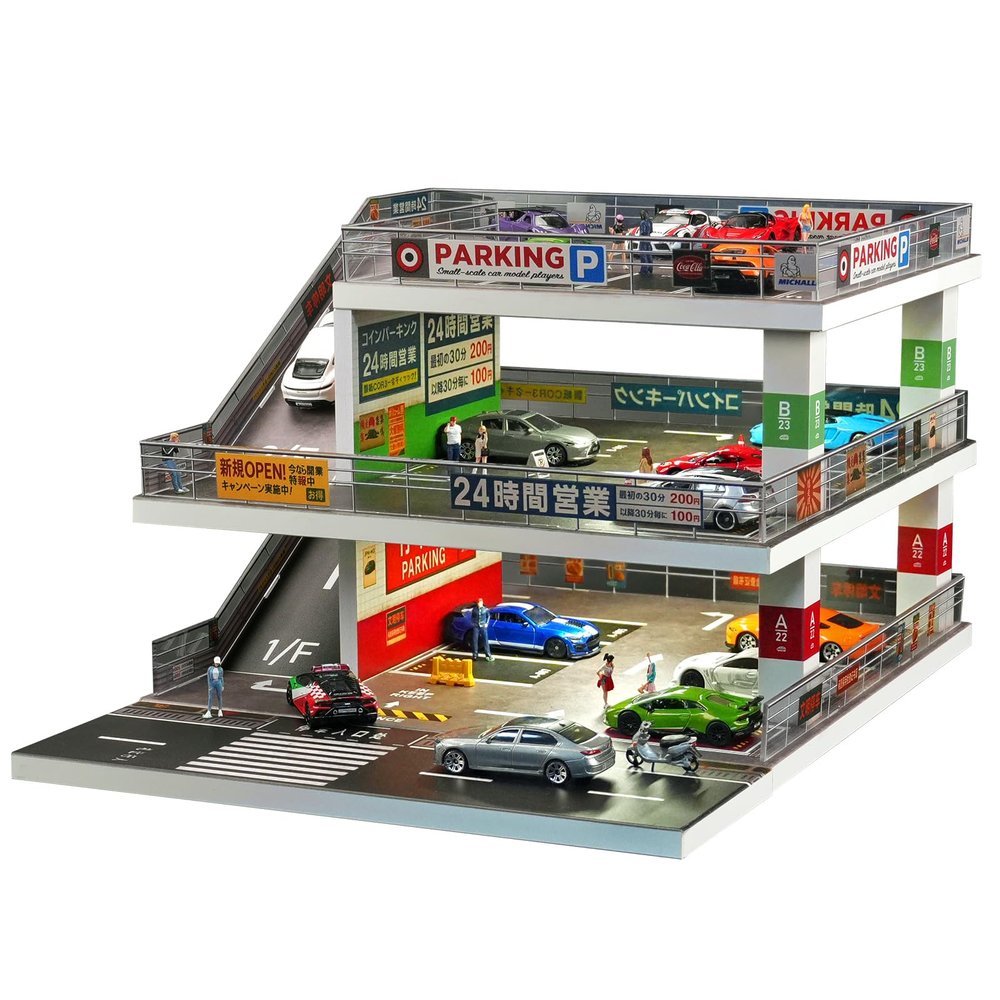1:64 Scale Diecast Car Display Case with LED Lights - 2-Tier Modular Parking Garage Diorama, Lighted Model Car Storage for Hot Wheels & Matchbox (Light Gray 73449A)