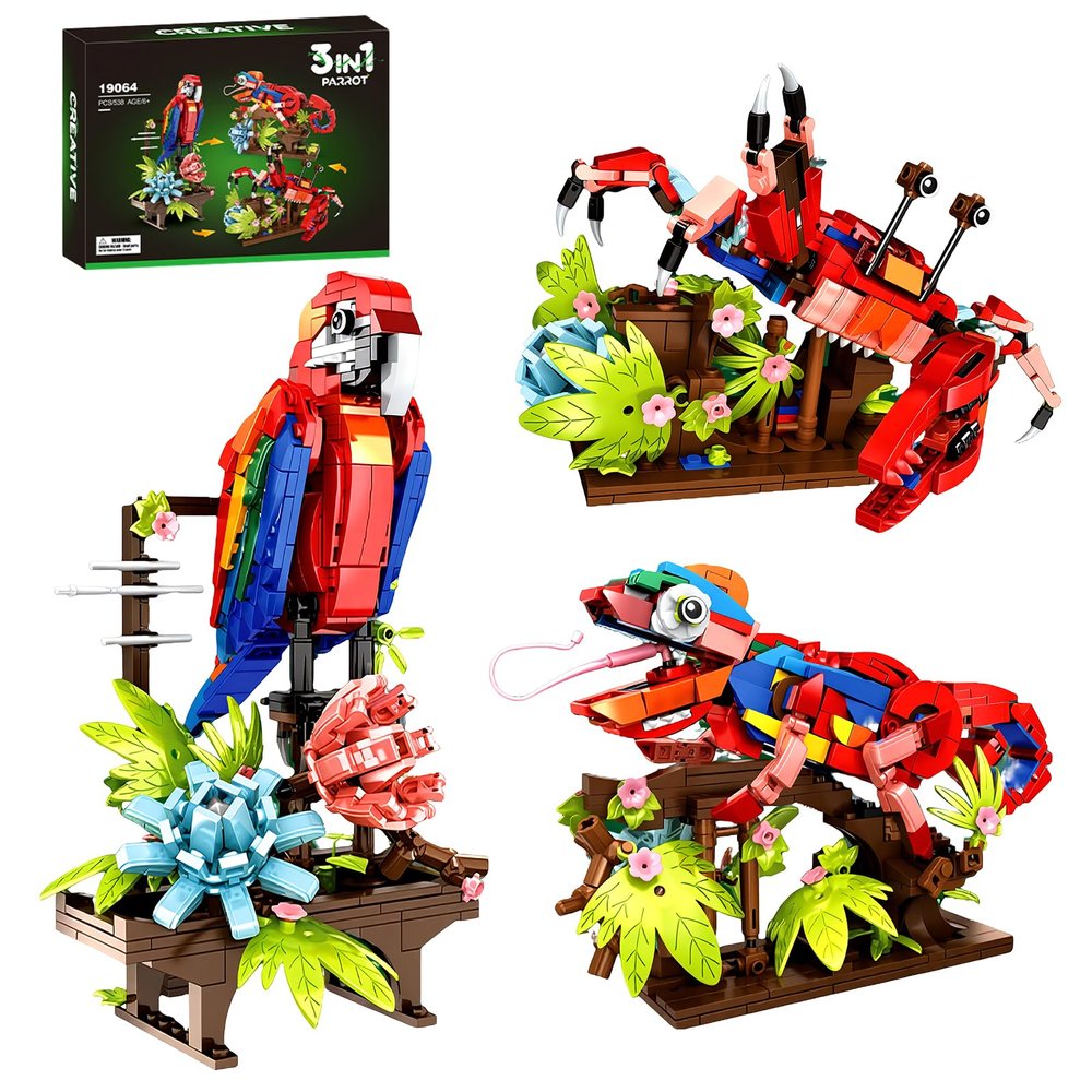 APENGBAOL 3-in-1 Parrot Building Sets 538 PCS Chameleon & Crab Animal Model with Flowers Creative Bird Construction Kit for Adults Nature Display Gift 14+ (Compatible with Major Brands)