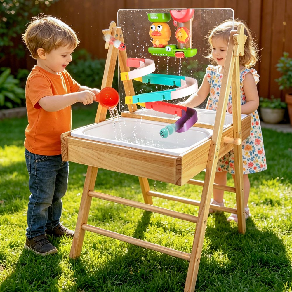4in1 Water Table for Toddlers 1-3,Wooden Sensory Table & Sand Table for Kids,Indoor Outdoor Toddler Water Table with Slide Track Toys,3 Basins,Acrylic Drawing Board,Montessori Activity Table Ages 1-8