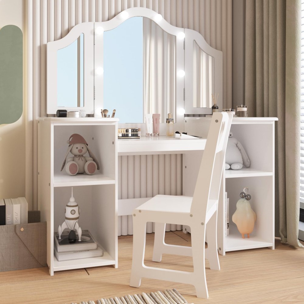 GAOMON Kids Vanity Table and Chair Set with Lighted Mirror, 2 in 1 Princess Vanity Set with Open Bookshelf, Storage Cabinet & Shelves, Adjustable Mirror and Detachable Top for Little Girls, White