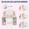 GAOMON Kids Vanity Table and Chair Set with Lighted Mirror, 2 in 1 Princess Vanity Set with Open Bookshelf, Storage Cabinet & Shelves, Adjustable Mirror and Detachable Top for Little Girls, White view 4