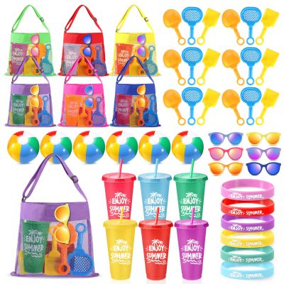 Saintrygo 6 Set End of Year Gift Beach and Pool Party Favor Set for Kids with Summer Mesh Bags Beach Shovels Inflatable Balls Bulk for Pool Birthday Party Decor Summer Graduation Student Gift