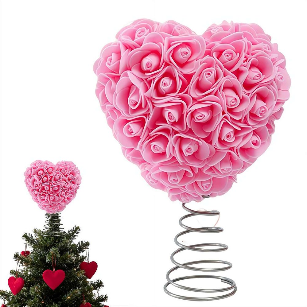 11.8 Inch Mini Valentine Day Tree Topper Glitter Hearts Tree Topper, Artificial Rose Flower Valentines Mini Heart Trees Ornaments with Bow for Valentine's Day Holiday Decoration (Pink 22.5cm 1pcs)