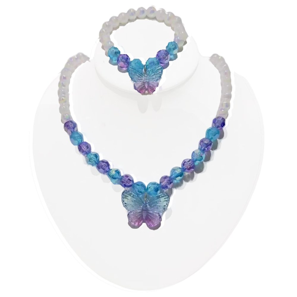 Tressify Jewelry Set For Young Girls, 2 Pcs Blue Butterfly Necklace And Bracelet, Acrylic Party Favors