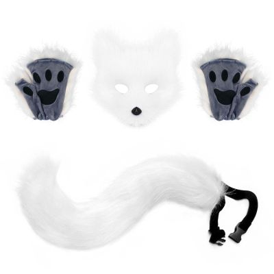 3Pcs Halloween Fluffy Fox Wolf Mask Paws and Tail,Realistic Cat Fox Mask Furry Therian Masks Gear for Masquerade (White)