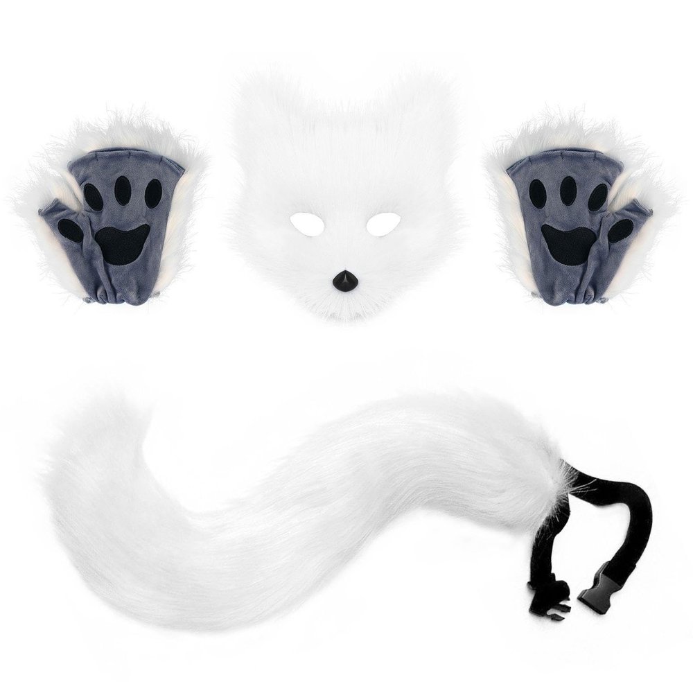 3Pcs Halloween Fluffy Fox Wolf Mask Paws and Tail,Realistic Cat Fox Mask Furry Therian Masks Gear for Masquerade (White)