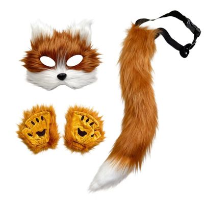 3Pcs Halloween Fluffy Fox Wolf Mask Paws and Tail,Realistic Cat Fox Mask Furry Therian Masks Gear for Party (Brown)