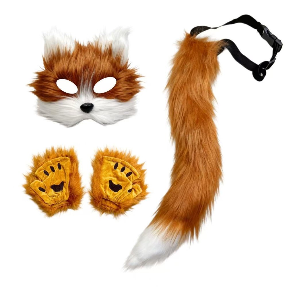 3Pcs Halloween Fluffy Fox Wolf Mask Paws and Tail,Realistic Cat Fox Mask Furry Therian Masks Gear for Party (Brown)