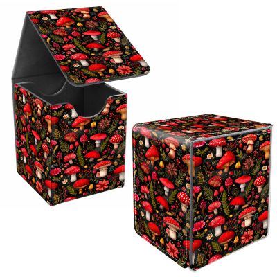 JANENFNA Card Deck Box for MTG, Card Storage Box Fits 100+ Single Sleeved Cards, Large Capacity PU Leather Card Storage Box with Strong Magnet for Magic Commander TCG/CCG,Red Mushroom Flower Print