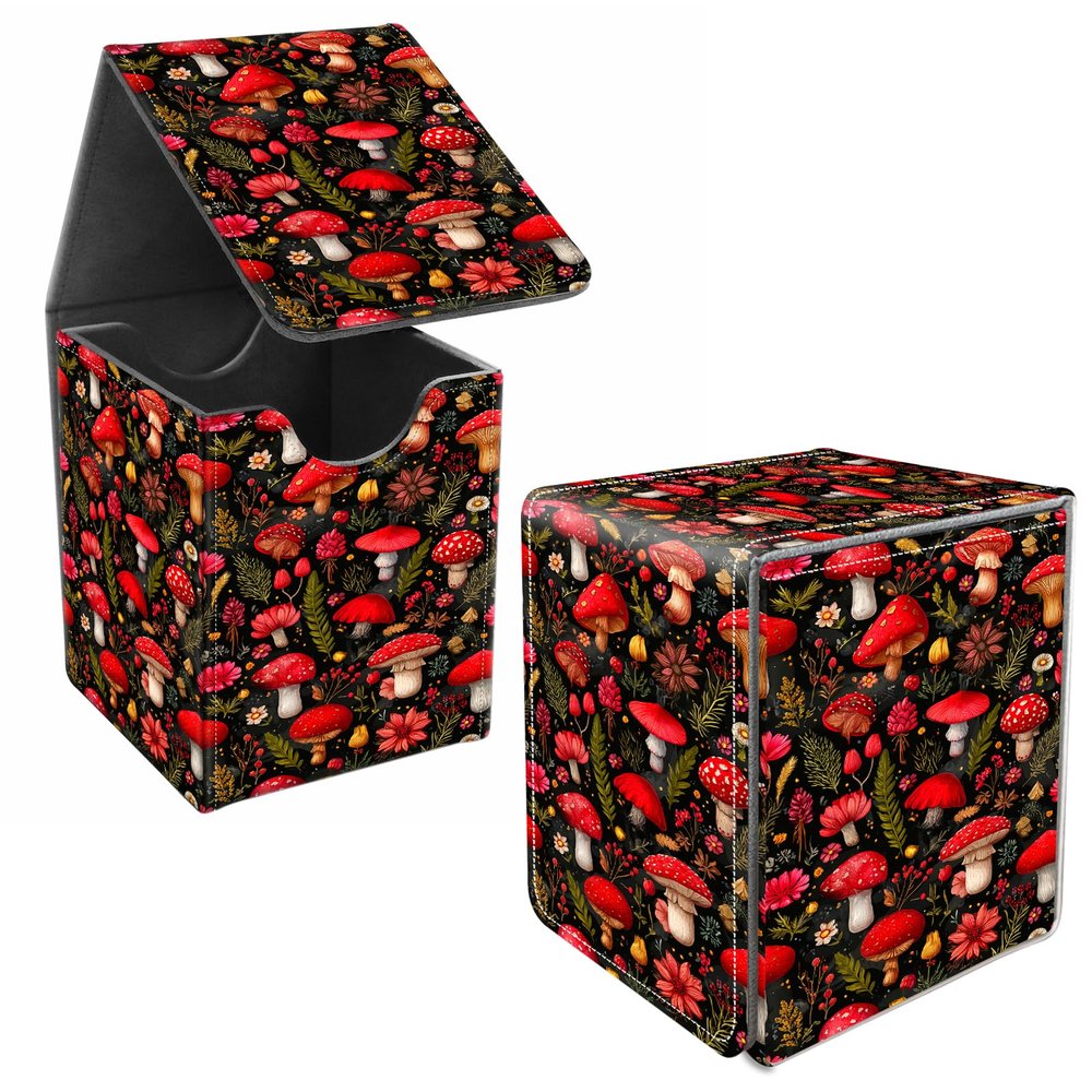 JANENFNA Card Deck Box for MTG, Card Storage Box Fits 100+ Single Sleeved Cards, Large Capacity PU Leather Card Storage Box with Strong Magnet for Magic Commander TCG/CCG,Red Mushroom Flower Print
