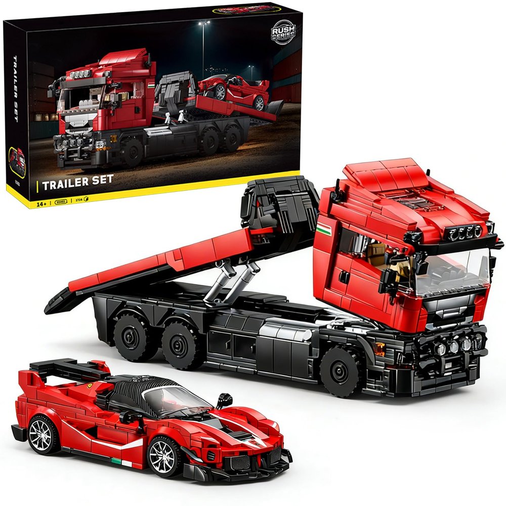 AOUHMN City Car Transporter Truck with FXX K Sports Cars Kit, 2 in 1 Model Car Building Set for Aldults, Ages 14+, Gift for Birthday, Detailed Carrier & Trailer Truck to Display (1728PCS, A-95002)