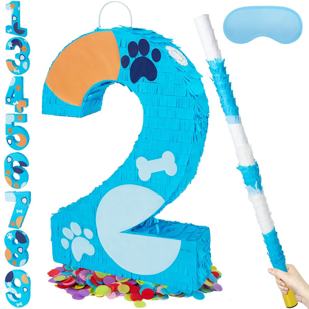 PCFING 20 Inch Dog Paw Number 2 Piata with 30 Inch Piata Stick Blindfold Confetti for Boy Girl Adults Birthday Party Decorations, Anniversary Celebration, Fiesta
