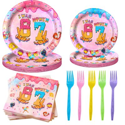 100 Pcs Ice Cream Drip 7th Birthday Party Supplies Set,Disposable Paper Plates, Napkins, and Colorful Forks, 6 7 Six Seven Themed Tableware for Kids Birthday Party Decorations