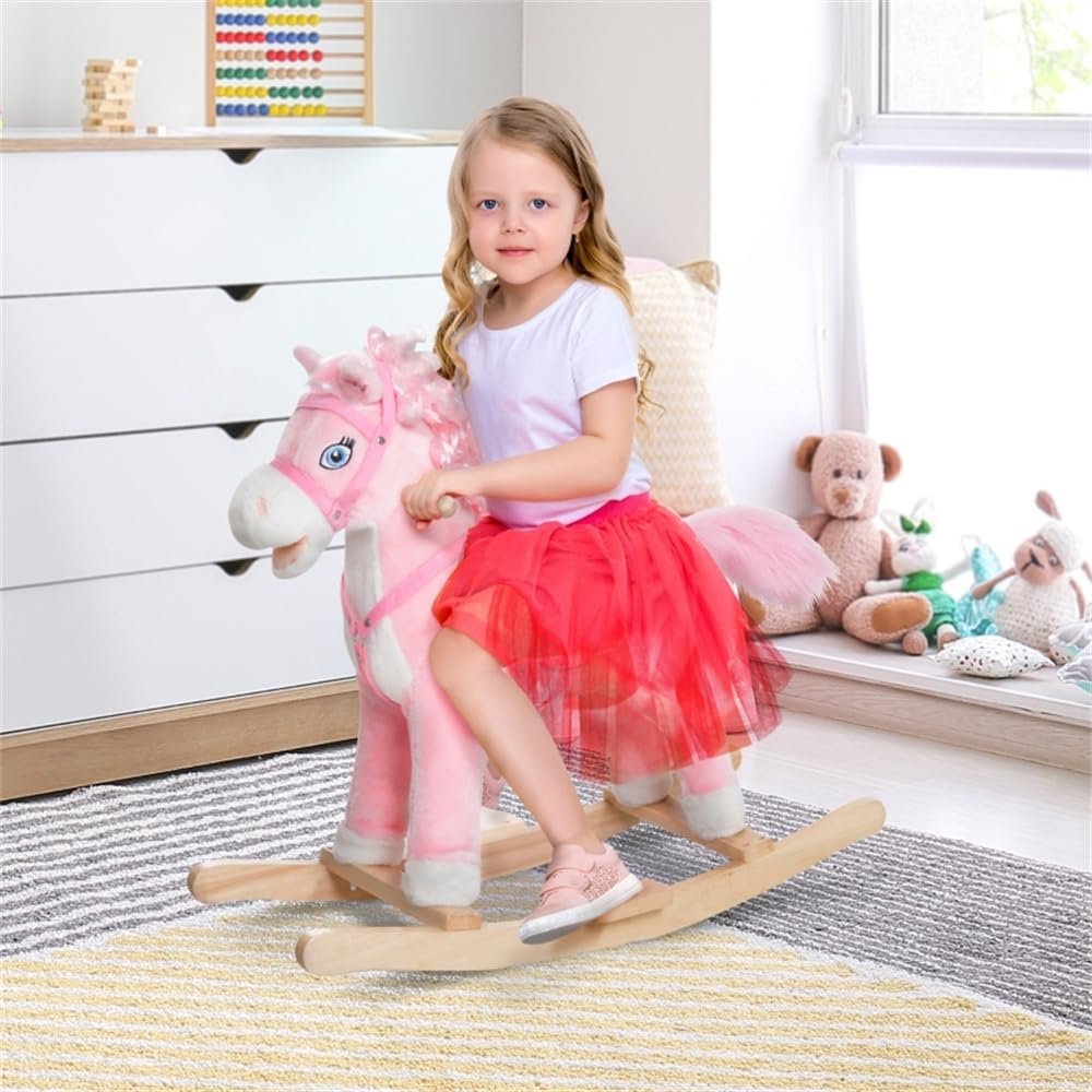 Classic Wooden Rocking Horse Toy with Plush Body and Realistic Sound Effects for Indoor Play and Decorative Display
