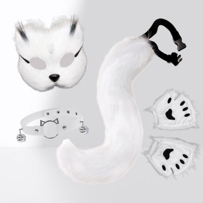 4Peice Halloween Fluffy Fox Wolf Mask Paws and Tail Collar,Realistic Cat Fox Mask,Furry Therian Masks for Masquerade (White)