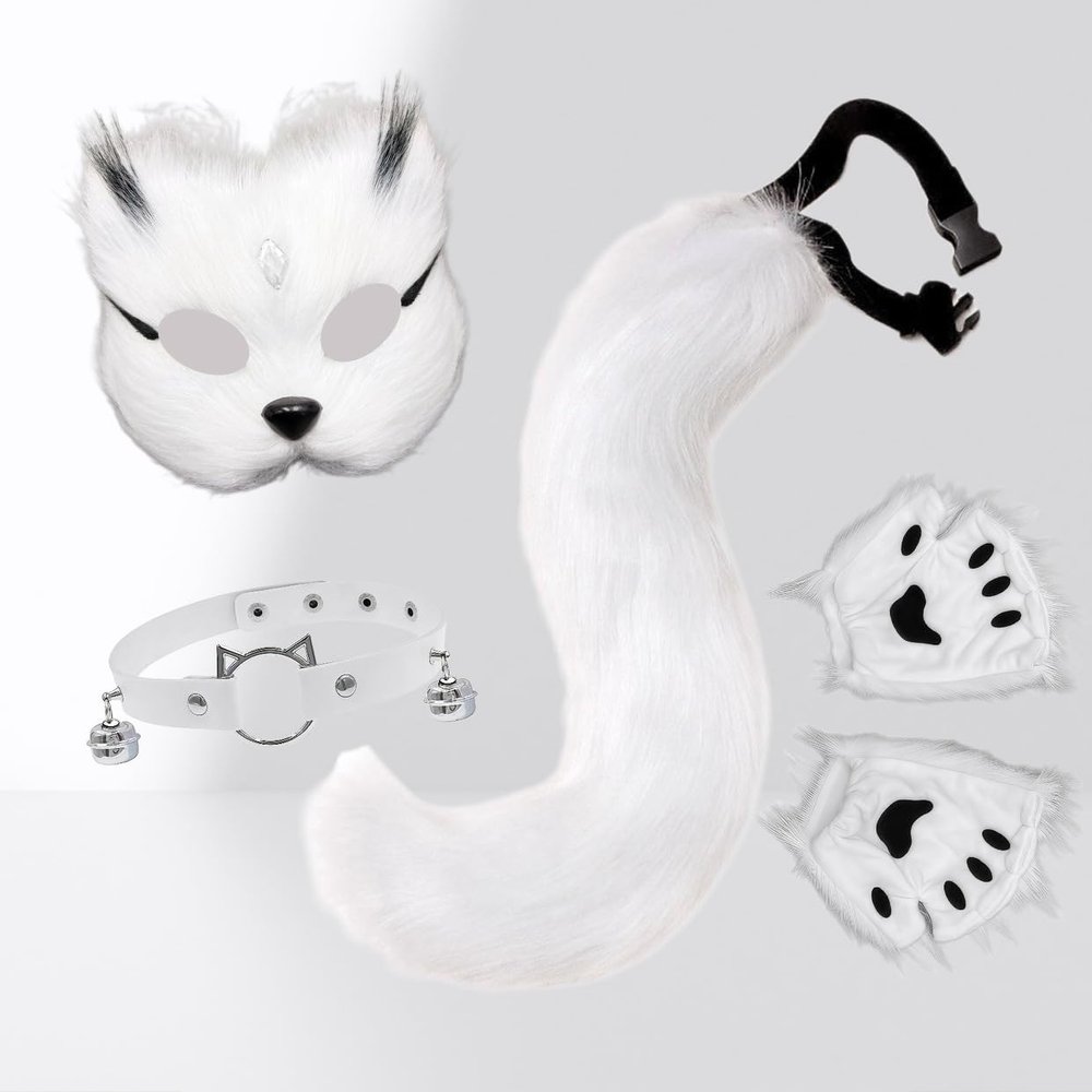 4Peice Halloween Fluffy Fox Wolf Mask Paws and Tail Collar,Realistic Cat Fox Mask,Furry Therian Masks for Masquerade (White)
