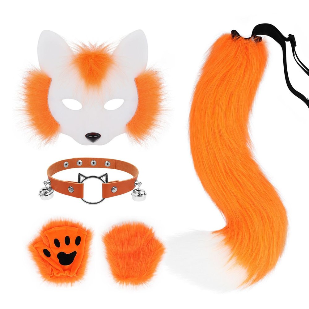 4Peice Halloween Fluffy Fox Wolf Mask Paws and Tail Collar,Realistic Cat Fox Mask,Furry Therian Gear for Masquerade (Orange)