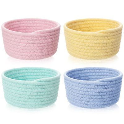 Boao 4 Pcs Woven Baskets Small Rope Storage Bin Small Basket Boho Tiny Round Storage Containers Mini Organizer for Shelves Closet Gift Basket Empty for Birthday Dog Toy Nursery Home Halloween(Macaron)