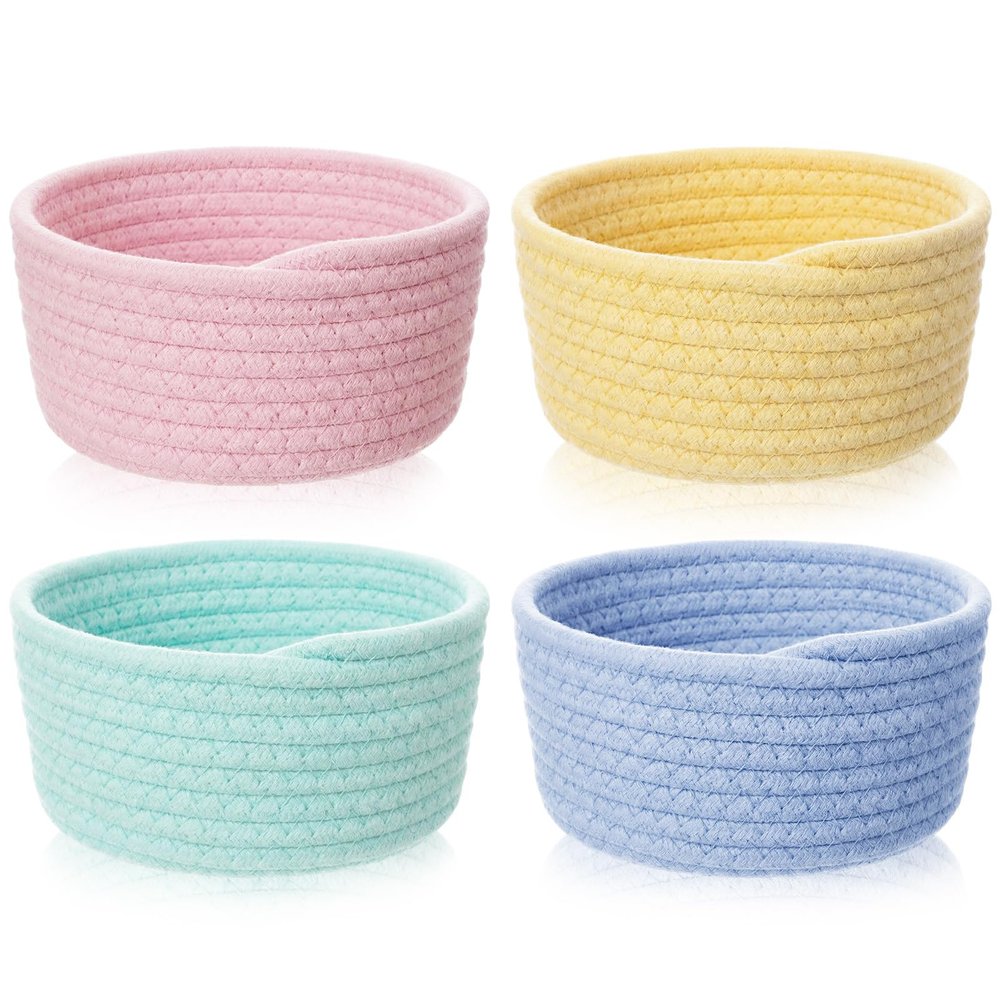 Boao 4 Pcs Woven Baskets Small Rope Storage Bin Small Basket Boho Tiny Round Storage Containers Mini Organizer for Shelves Closet Gift Basket Empty for Birthday Dog Toy Nursery Home Halloween(Macaron)