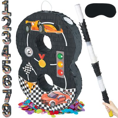 PCFING 20 Inch Race Car Number 8 Piata with 30 Inch Piata Stick Blindfold Confetti for Boy Girl Adults Racing Birthday Party Decorations, Anniversary Celebration, Fiesta