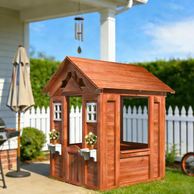 Outdoor Wooden Playhouse for Kids, Backyard Cottage Play House with 2 Windows & Flowerpot Holder, for Boys & Girls, Golden