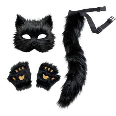 3Pcs Halloween Fluffy Fox Wolf Mask Paws and Tail,Realistic Cat Fox Mask Furry Therian Masks Gear for Party (Black1)