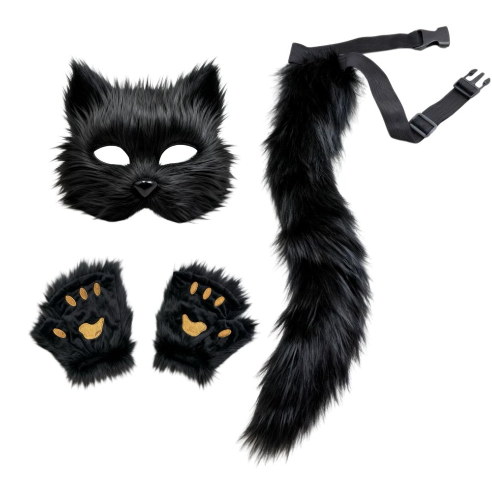 3Pcs Halloween Fluffy Fox Wolf Mask Paws and Tail,Realistic Cat Fox Mask Furry Therian Masks Gear for Party (Black1)
