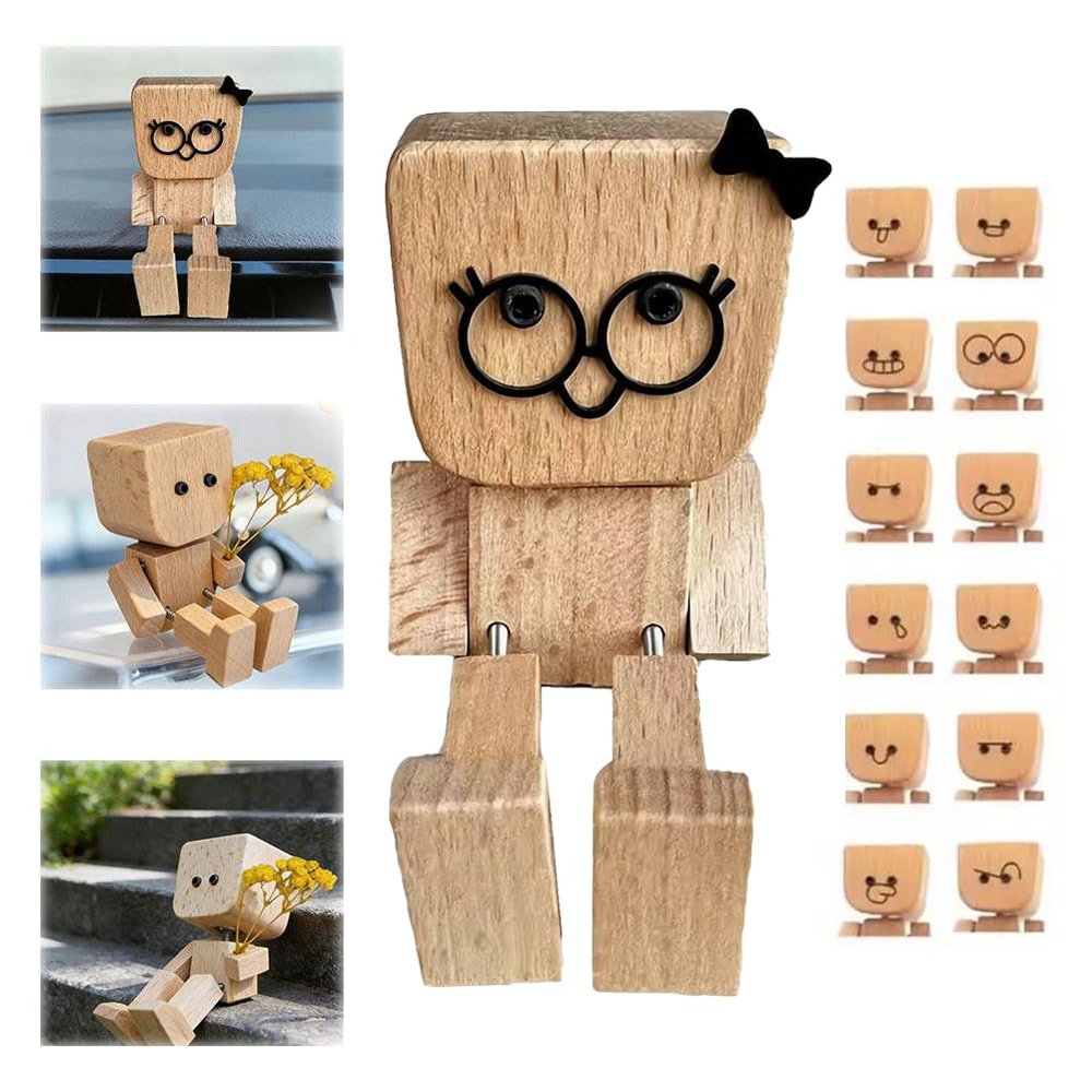 2026 New Shaking Wooden Man Figurine - Shaking Feet Wooden Doll with 12pcs Magnetic Expressions,Wood Car Desktop Decoration,Funny Cars Ornaments with Spring Legs,Handmade Car Dashboard Accessories