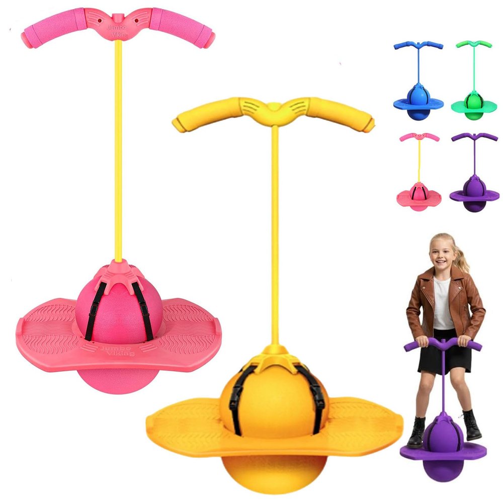 Balance Jumping Ball, 2026 Balance Pogo Ball, Pogo Jumper with Handle and Ball Pump, High Jump Toy Bounce Jump Trick Board Pogo Bouncing Ball Safe and Fun Pogo Stick for Adults (Pink+Yellow)