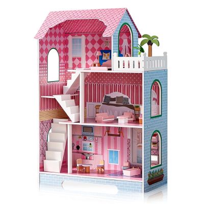 3 Tier Kids Dollhouse with Roof Window and Furniture Wooden Mini Doll House Playhouse for 3 Years Old and Above