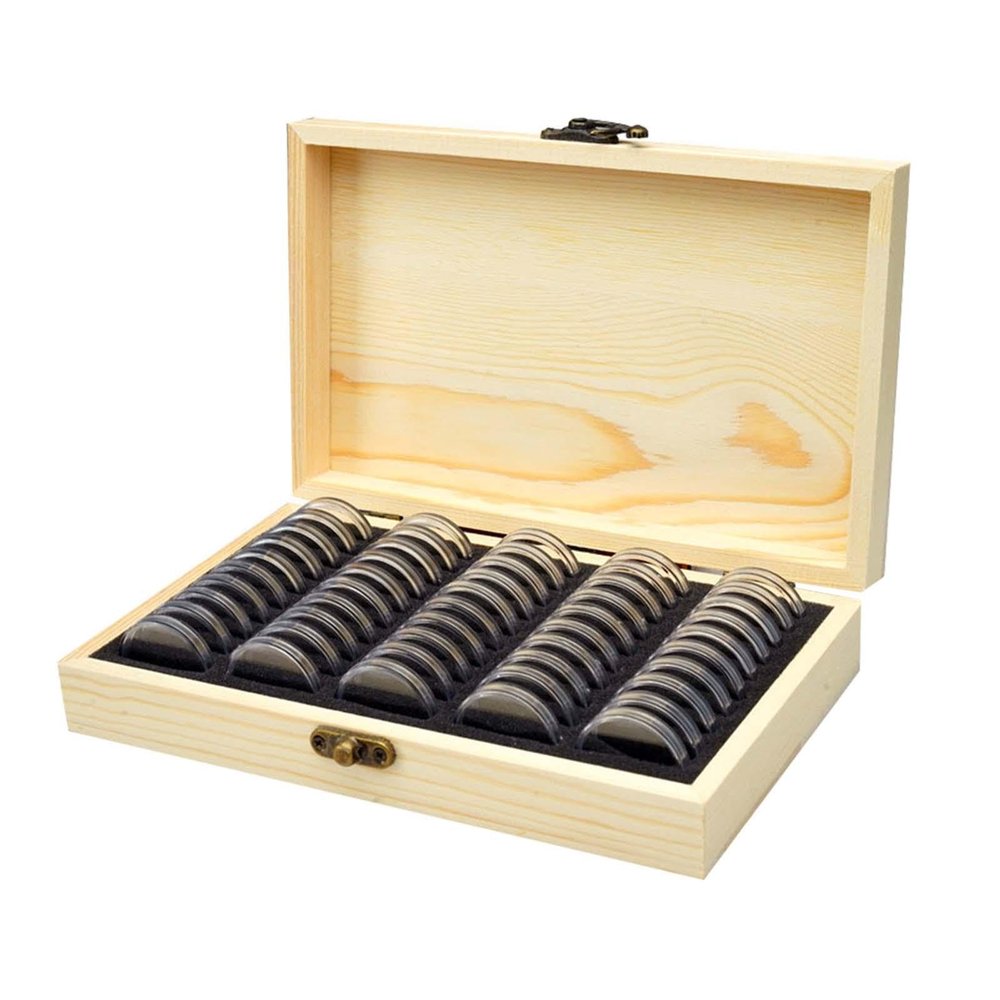 Medal Holder & Display Case - 50 Capsules & Wooden Box for Coin & Dollar Storage (21x13x4.5cm / 8.3x5.1x1.8in)