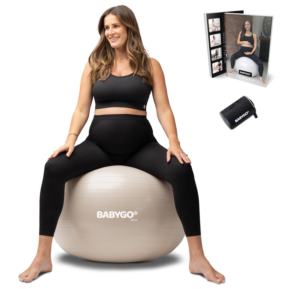 BABYGO Birthing Ball - Pregnancy Yoga Labor & Exercise Ball & Book Set Trimester Targeting, Maternity Physio, Birth & Recovery Plan Included Anti Burst Eco Friendly (Oatmeal, 65cm - Electric)