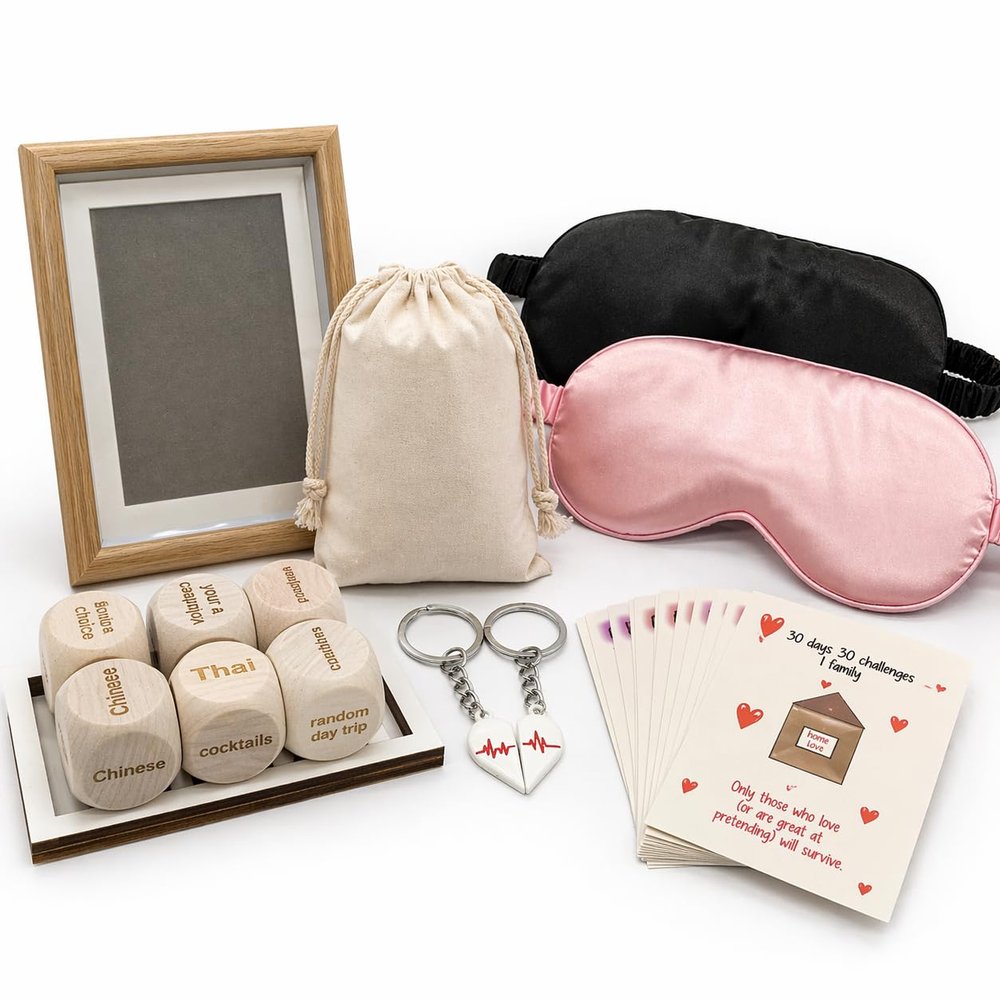 Couples Date Night Gift Set Romantic Game Kit with Dice, Love Challenge Cards, Matching Heart Keychains, Silk Sleep Masks & Photo Frame Fun Relationship Gifts for Couples